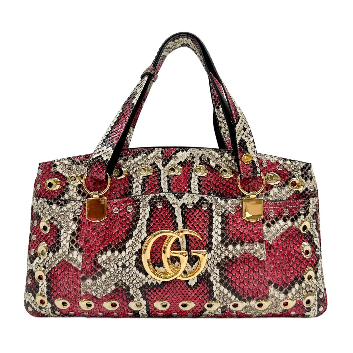 Large Arli Red and Beige Embossed Python Leather Shoulder Bag