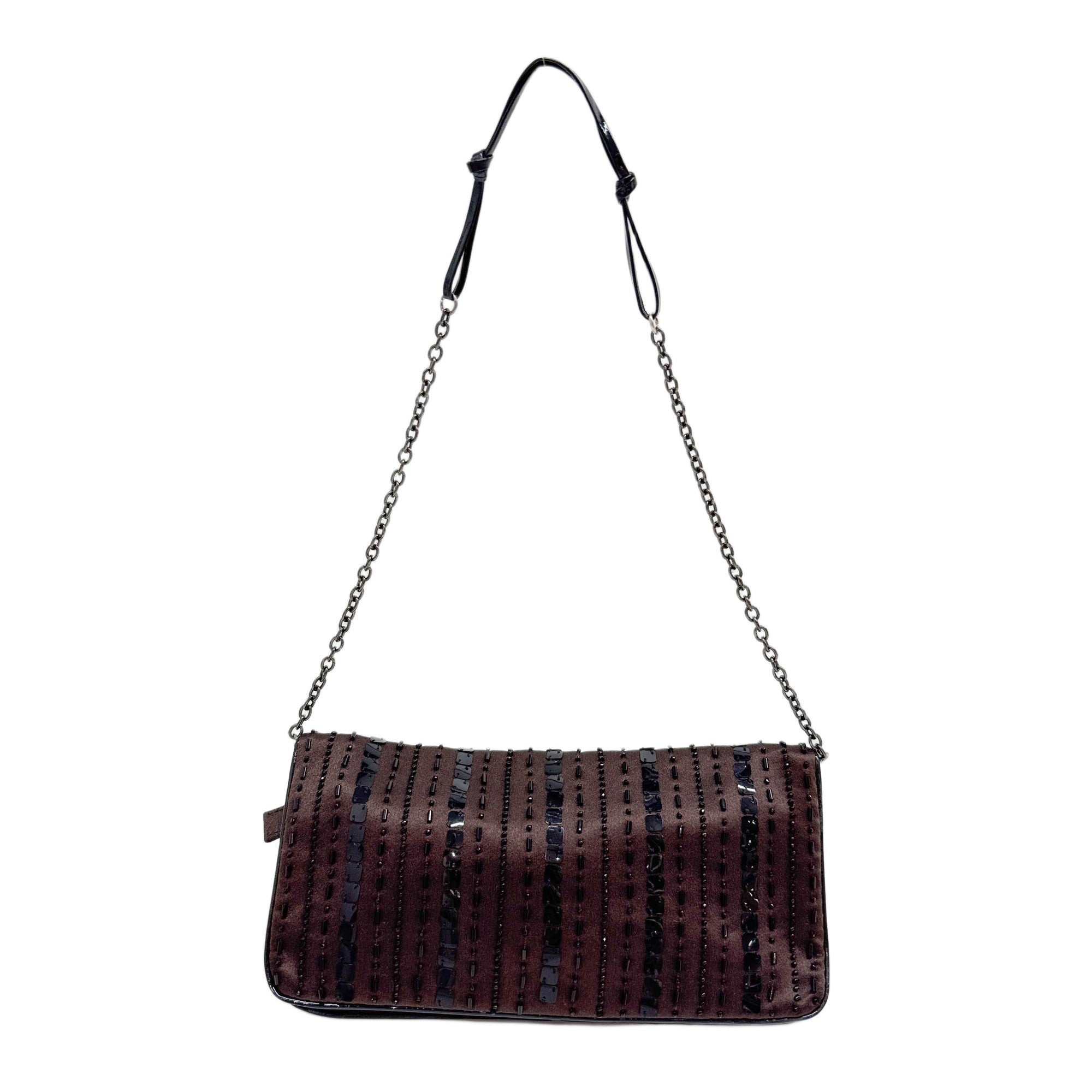 Sequin Embroidery Brown Satin Shoulder Bag