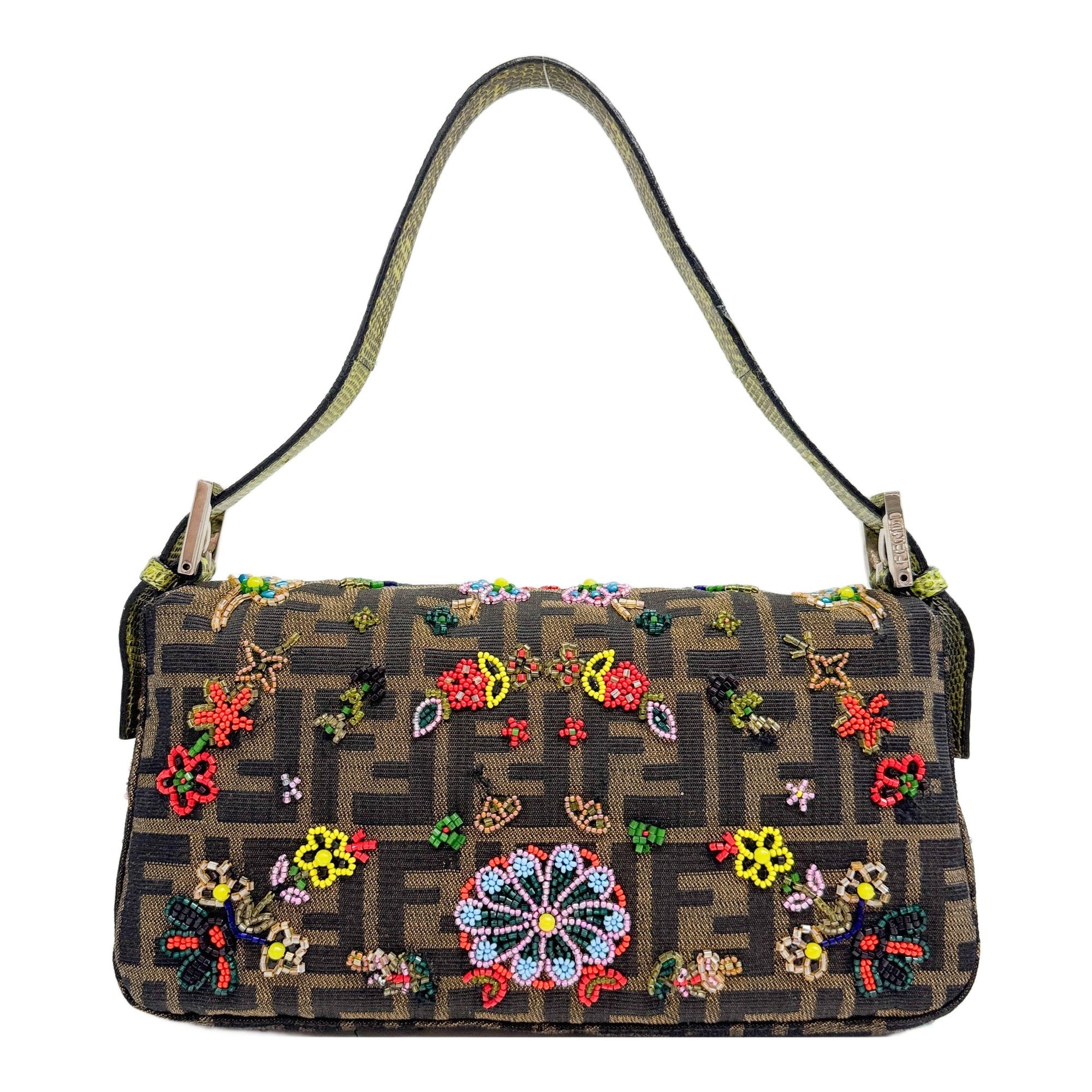 FENDI Zucca Little Flower Beads Embroidery Green Lizard Belt