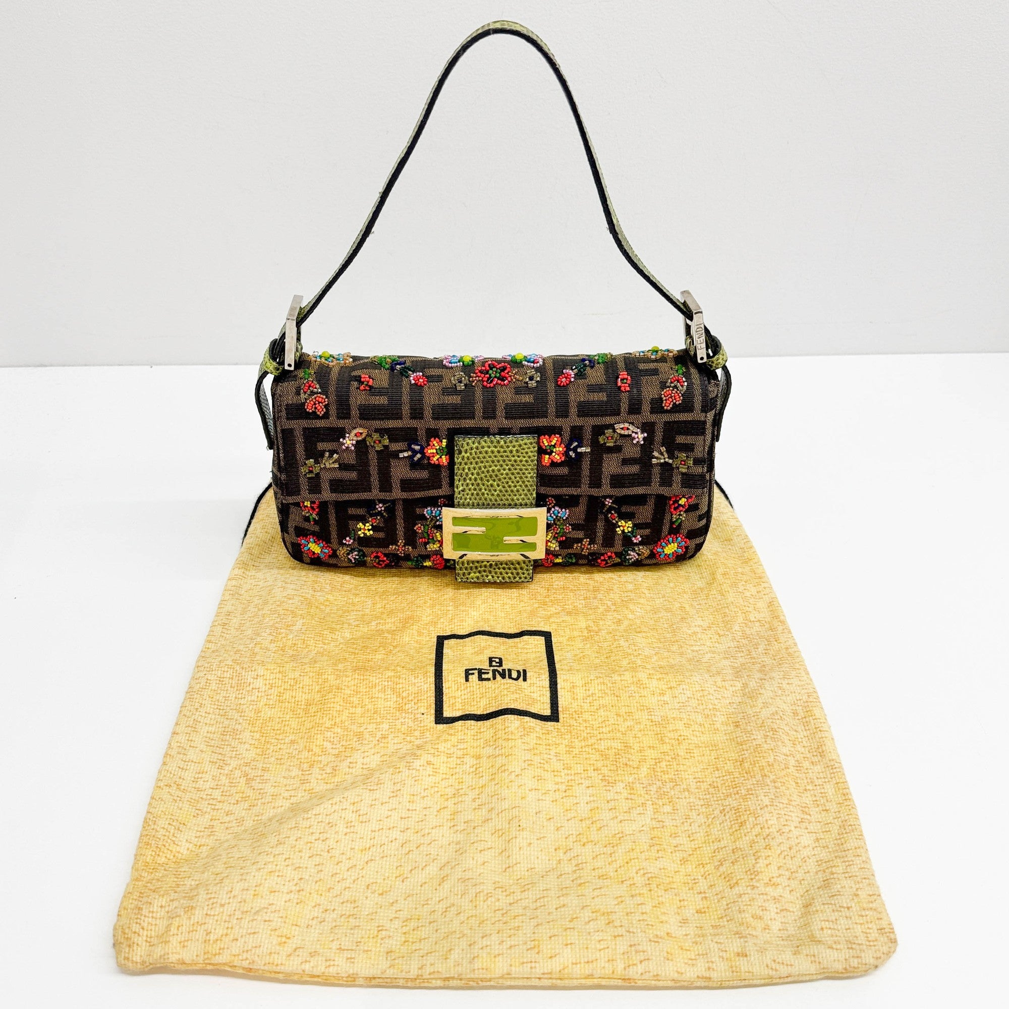 FENDI Zucca Little Flower Beads Embroidery Green Lizard Belt