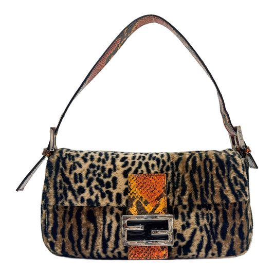 Baguette Animal Print Velvet Shoulder Bag