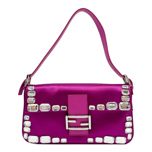 Baguette Fucsia Satin Rhinestones Shoulder Bag