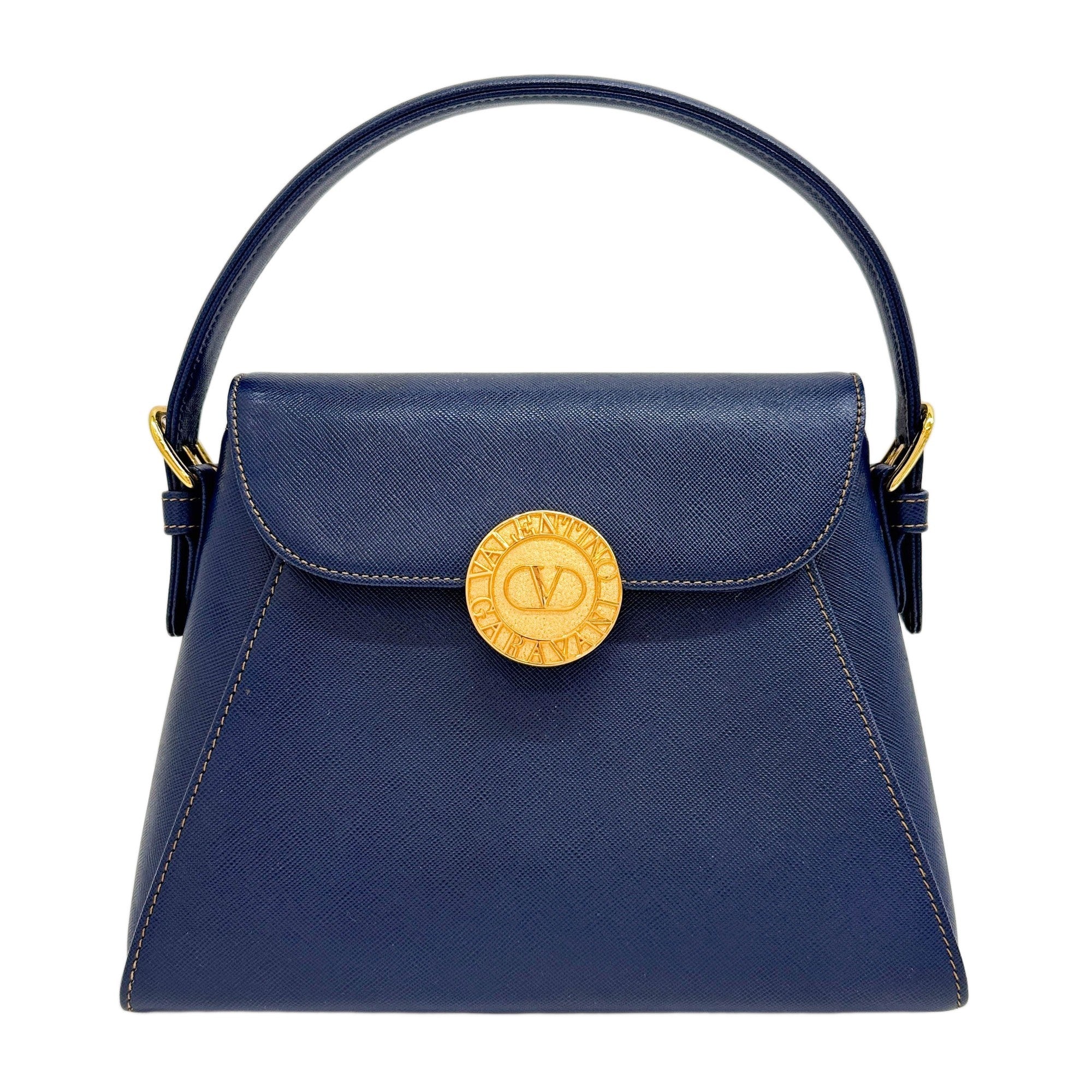 Blue Leather Gold Logo Blue Handle Bag