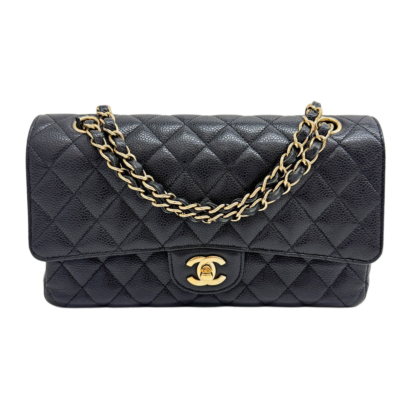 Double Flap 2019 Black Caviar Skin Chain Shoulder Bag