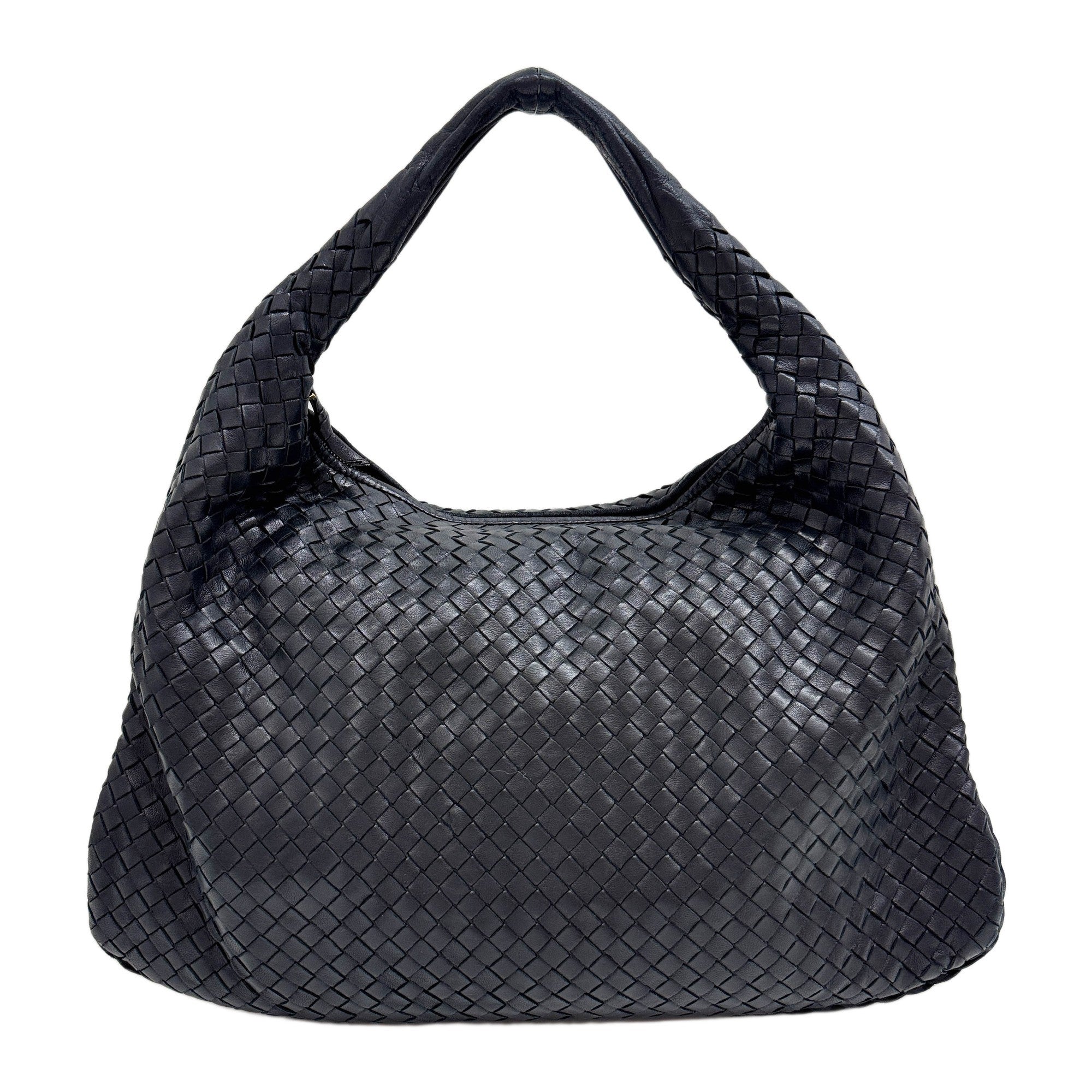 Intrecciato Black Leather Hobo Shoulder Bag