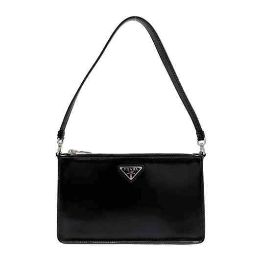 Brushed Leather Triangle Plaque Black Leather Mini Bag