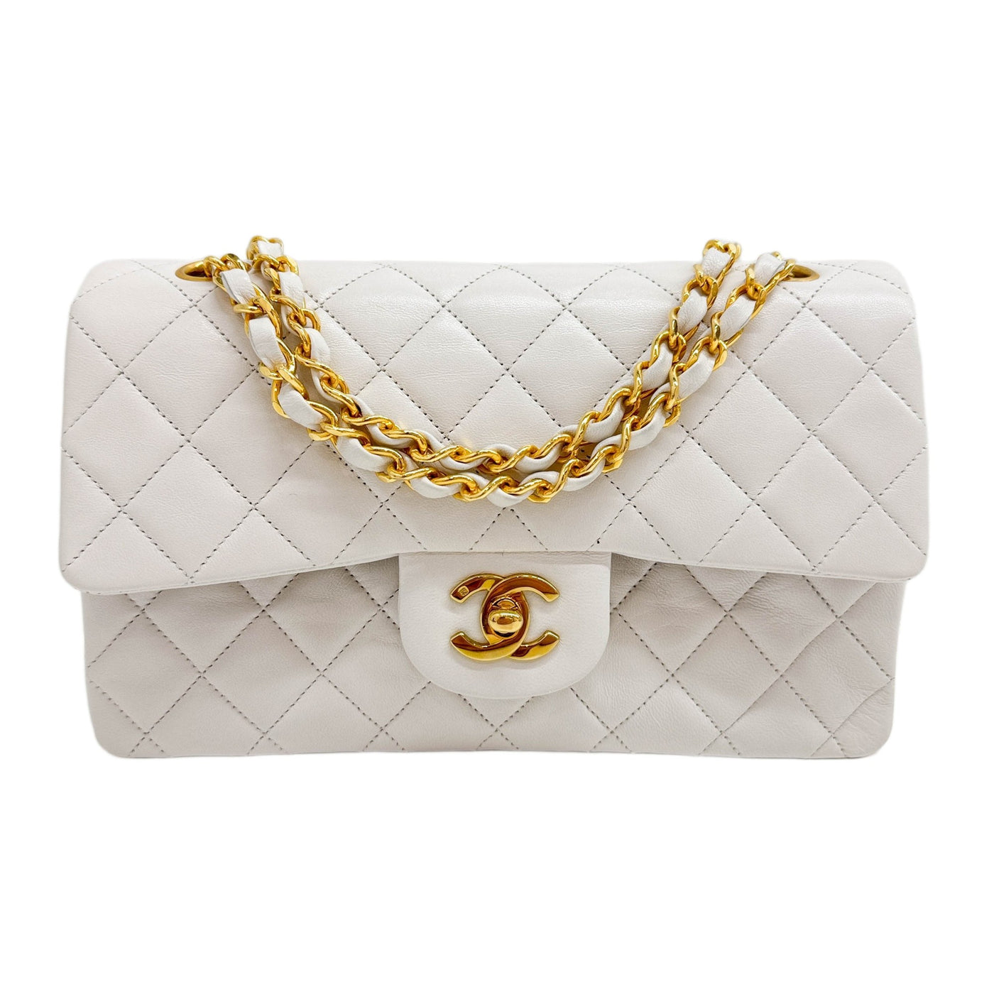 Small Classic Double Flap 1989-1991 Gold Hardware Matelasse White Leather Shoulder Bag