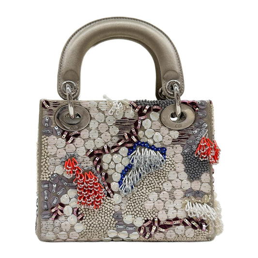 Mini Lady Dior Coral Beaded Embroidery Taupe Satin Two Way Bag