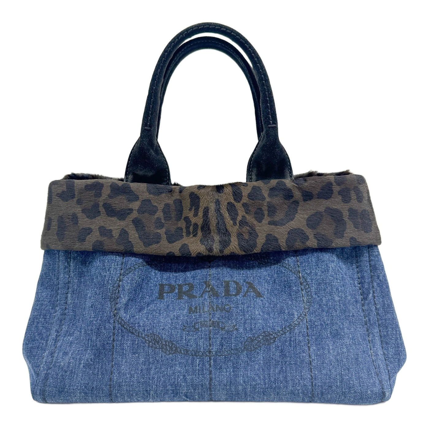 Canapa Brown Cheetah Print Pony Hair Trim Navy Denim Tote Bag