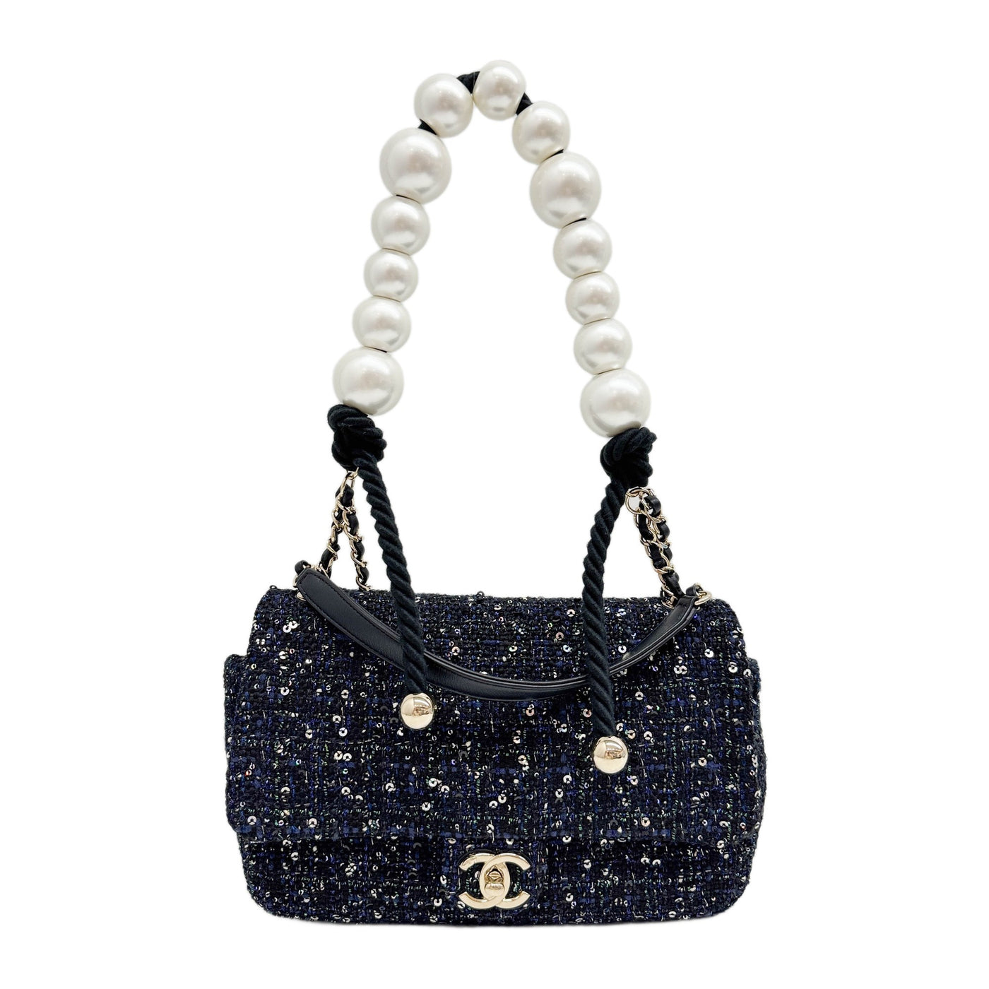 Classic Flap " By The Sea" 2019 Sequin Embellished Black Tweed Two Way Bag