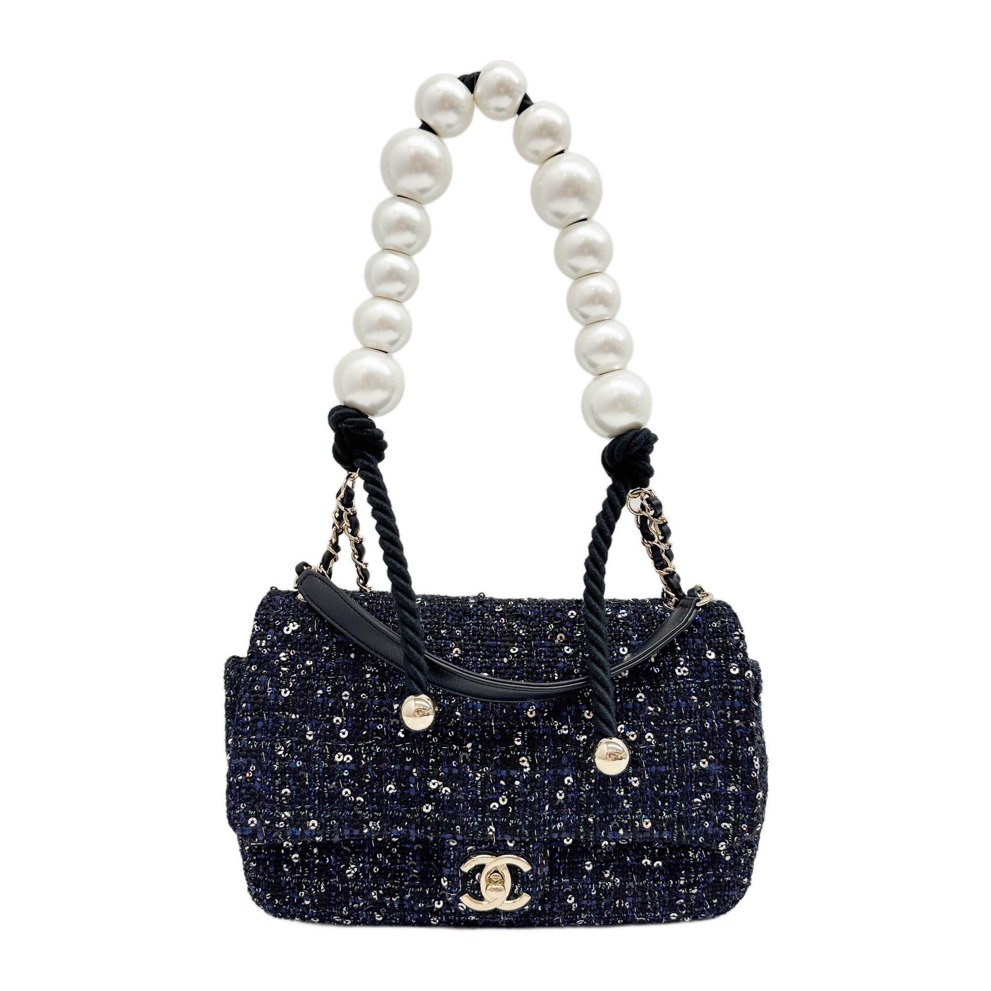 Classic Flap " By The Sea" 2019 Sequin Embellished Black Tweed Two Way Bag