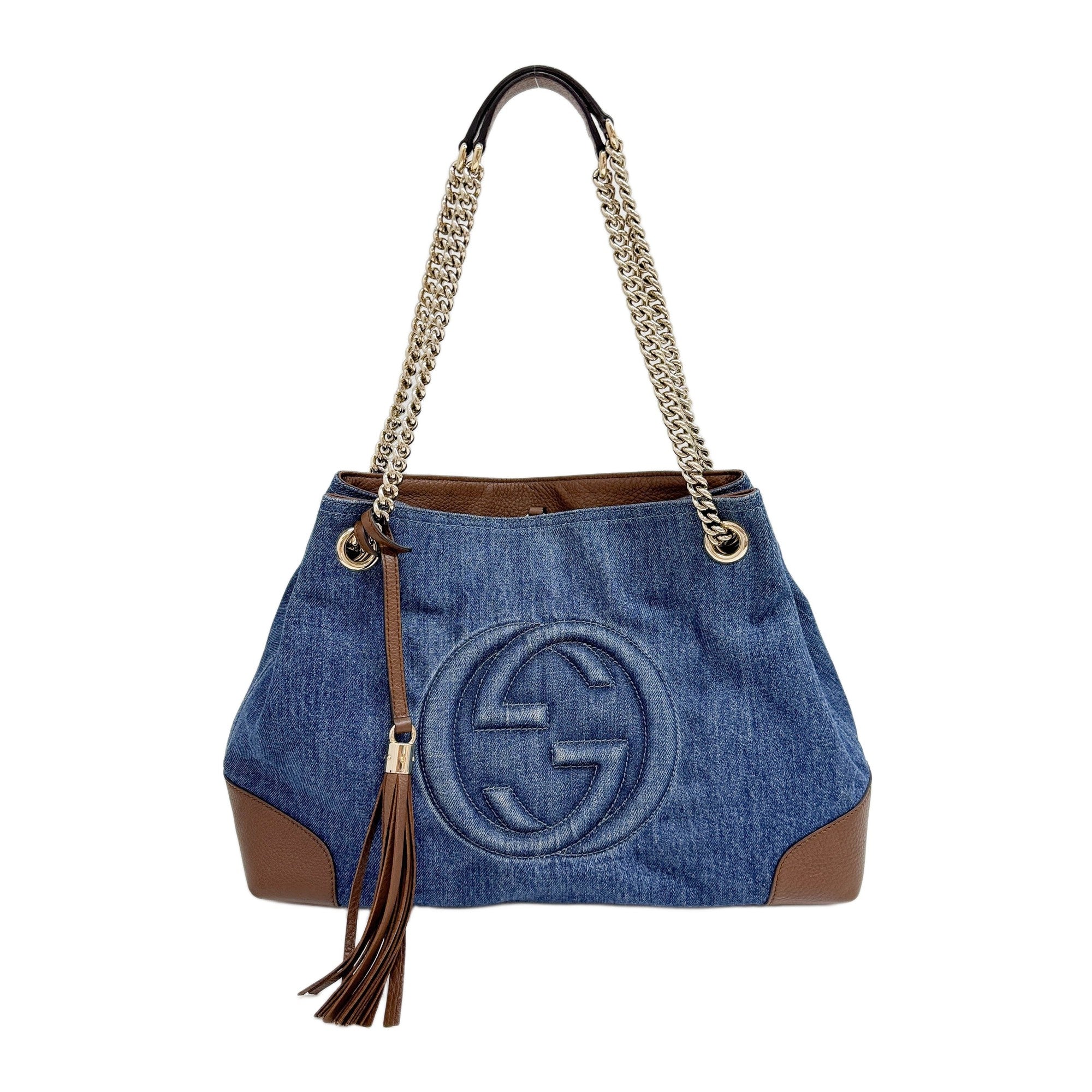 Soho Brown Leather Trim Blue Denim Tote Bag