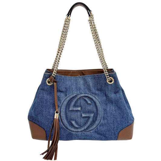 Soho Brown Leather Trim Blue Denim Tote Bag