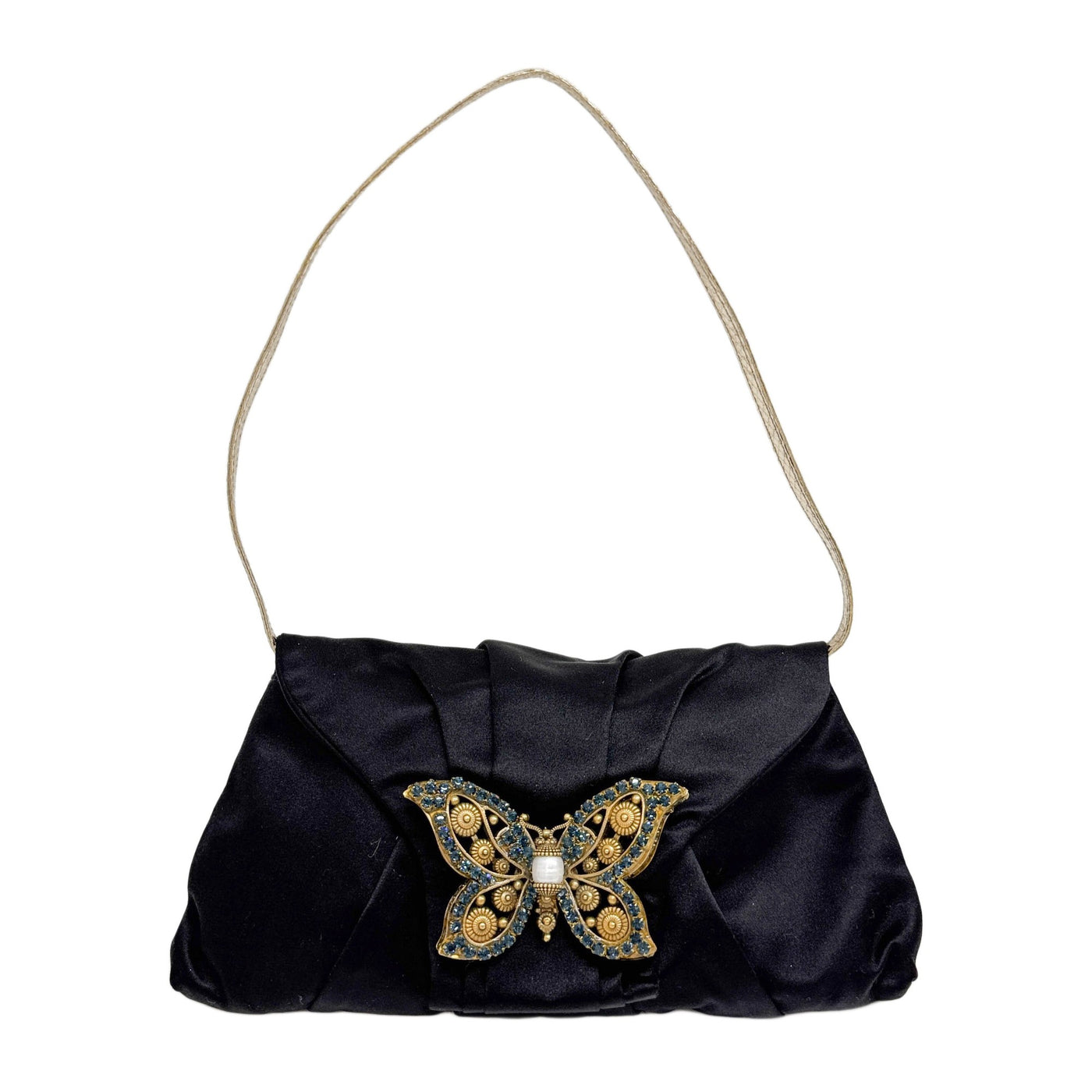 Butterfly Pearl Black Satin Shoulder Bag