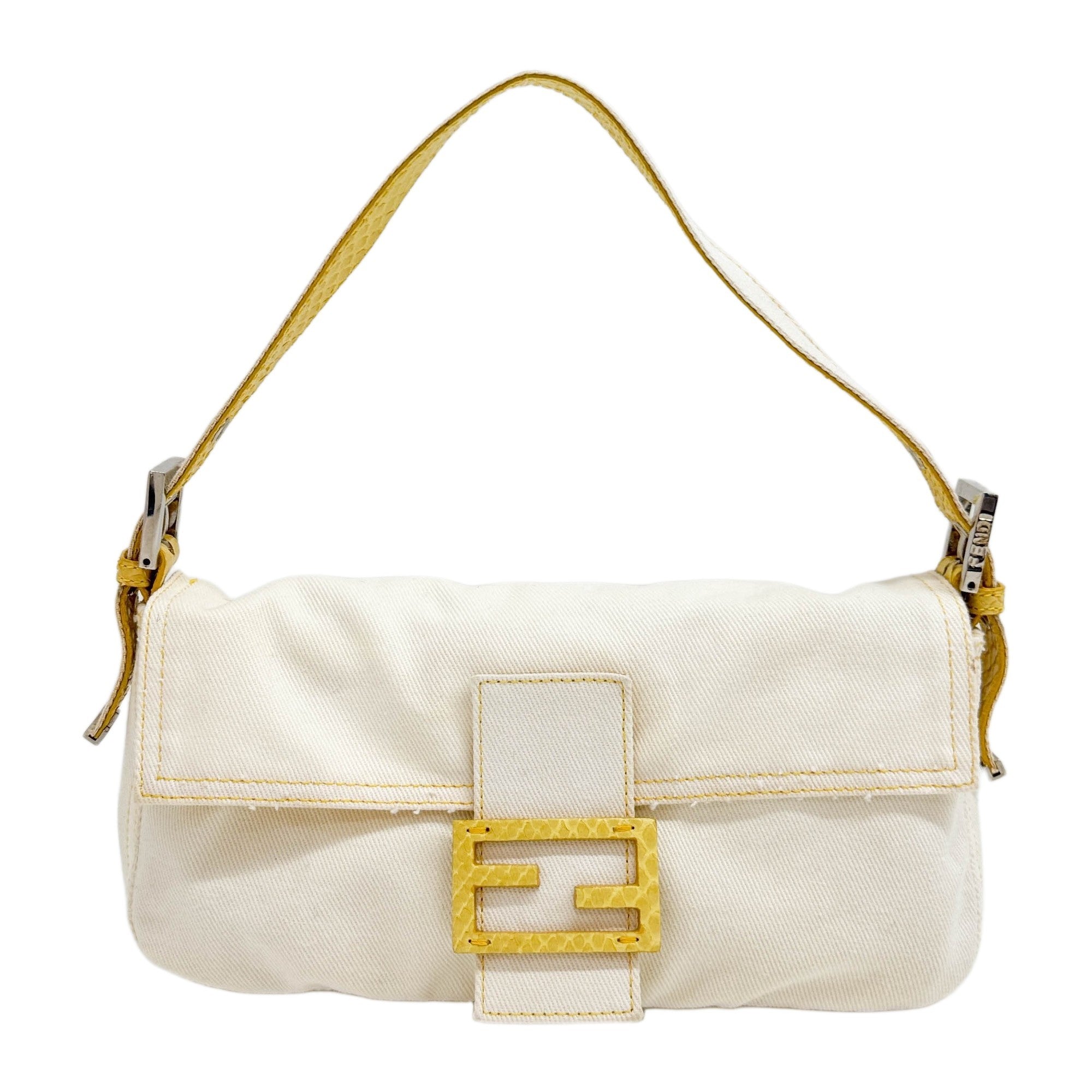 Baguette Yellow Python Trim Eggshell White Canvas Shoulder Bag