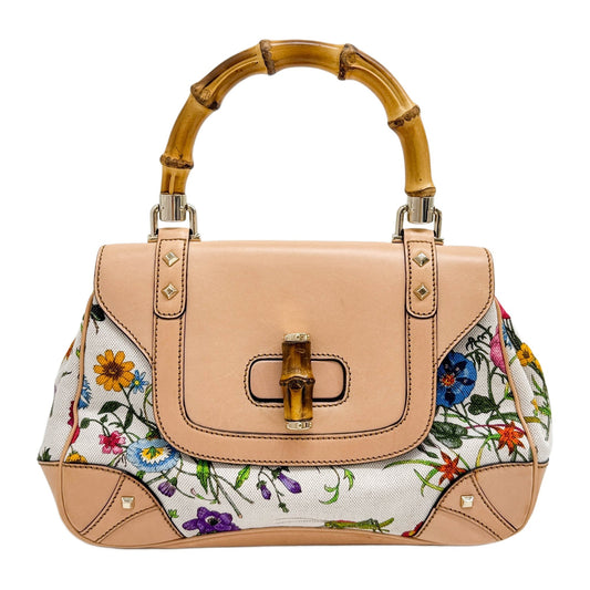Bamboo White Floral Print Canvas Hand Bag