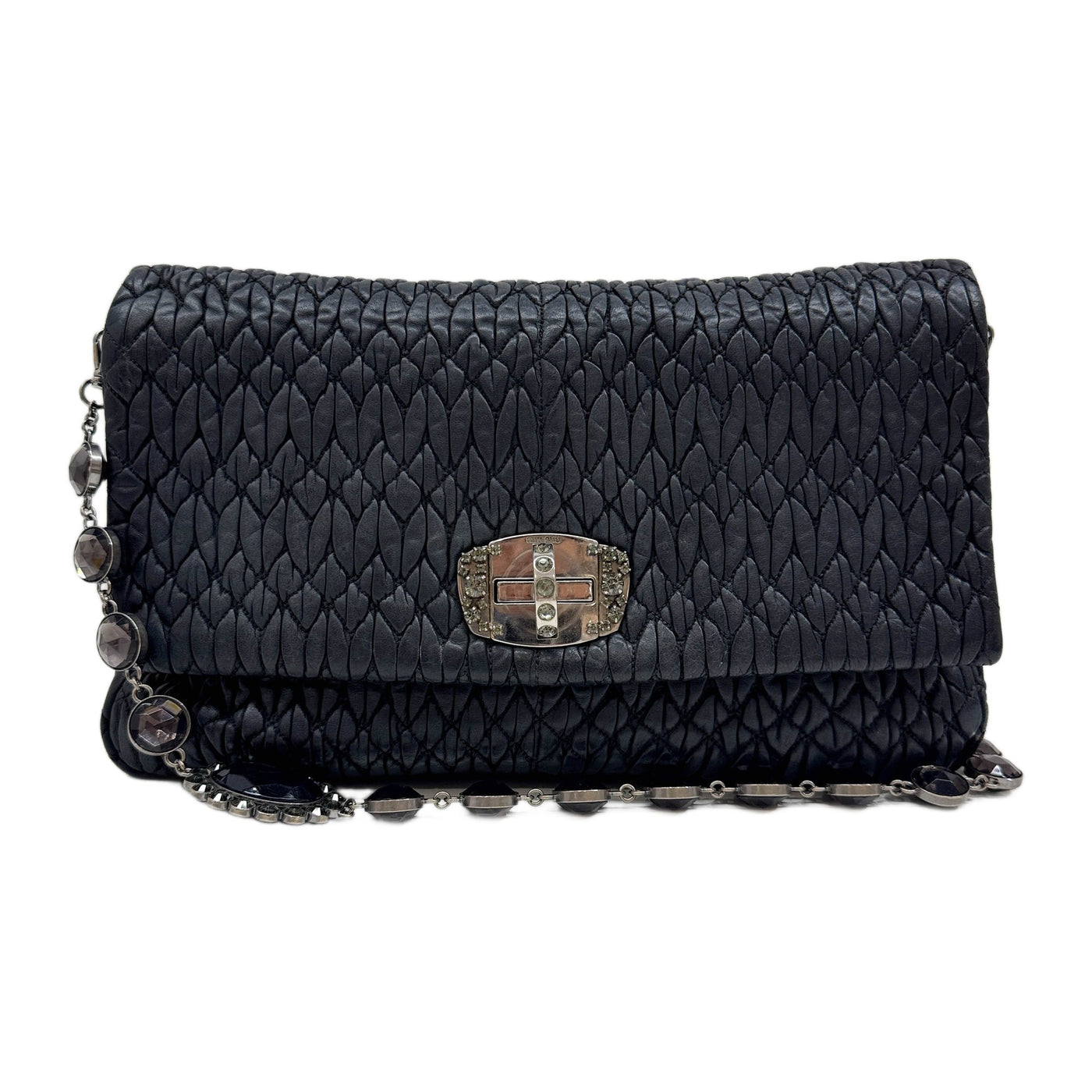Crystal Handle Matelasse Black Leather Shoulder Bag