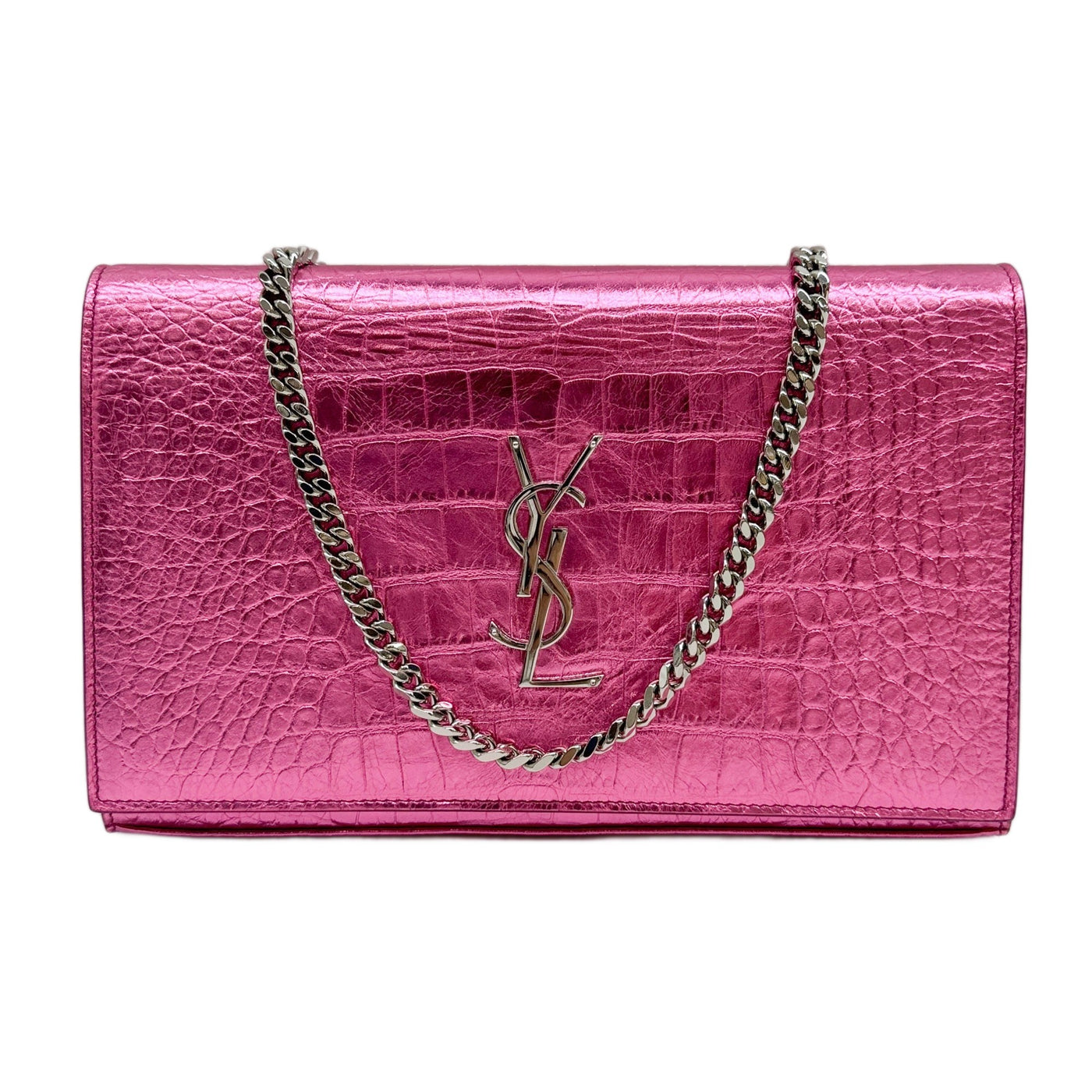 Cassandra Pink Metallic Crocodile Embossed Leather Shoulder Bag