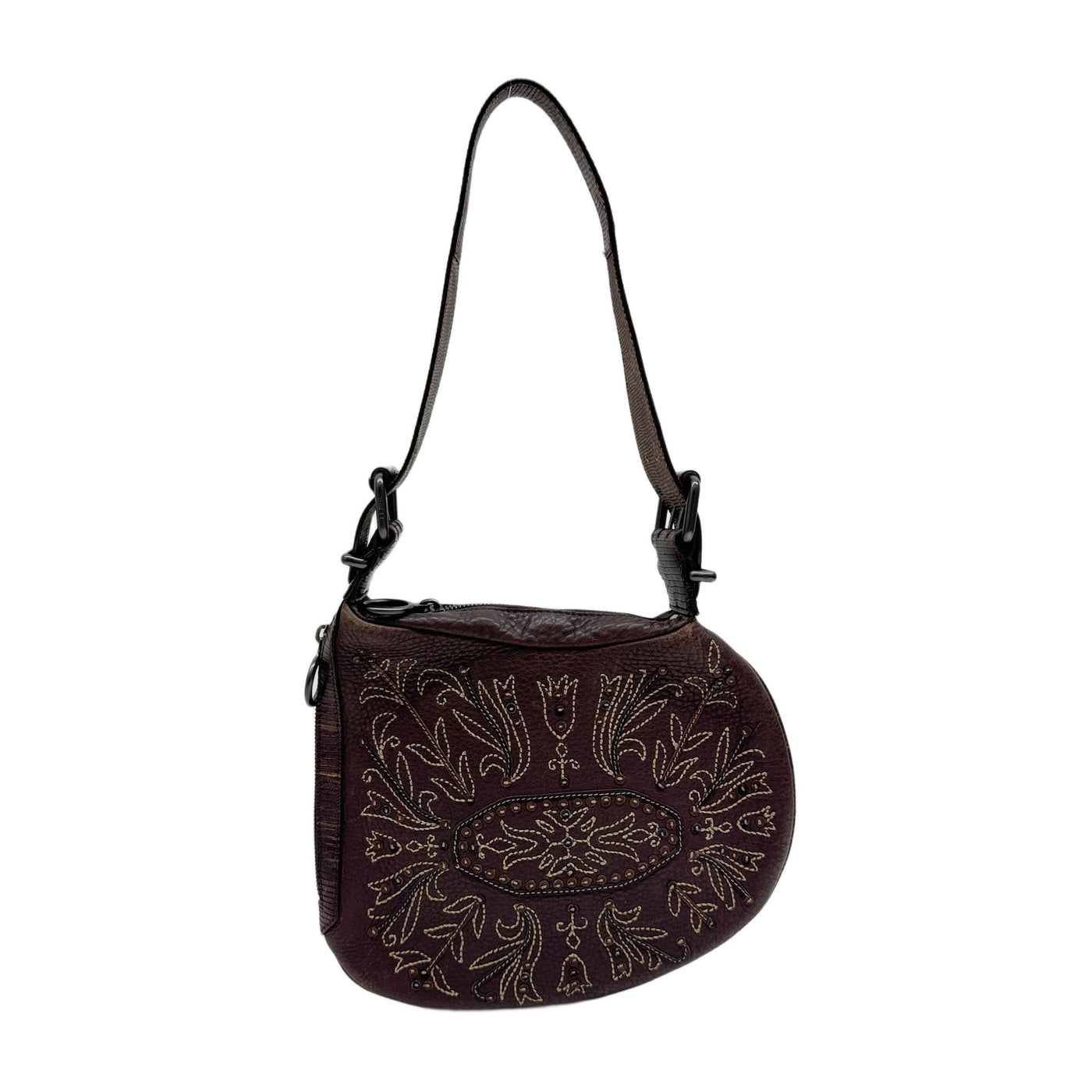 Selleria Oyster Lizard Embossed Leather Trim Embroidered Brown Leather Shoulder Bag