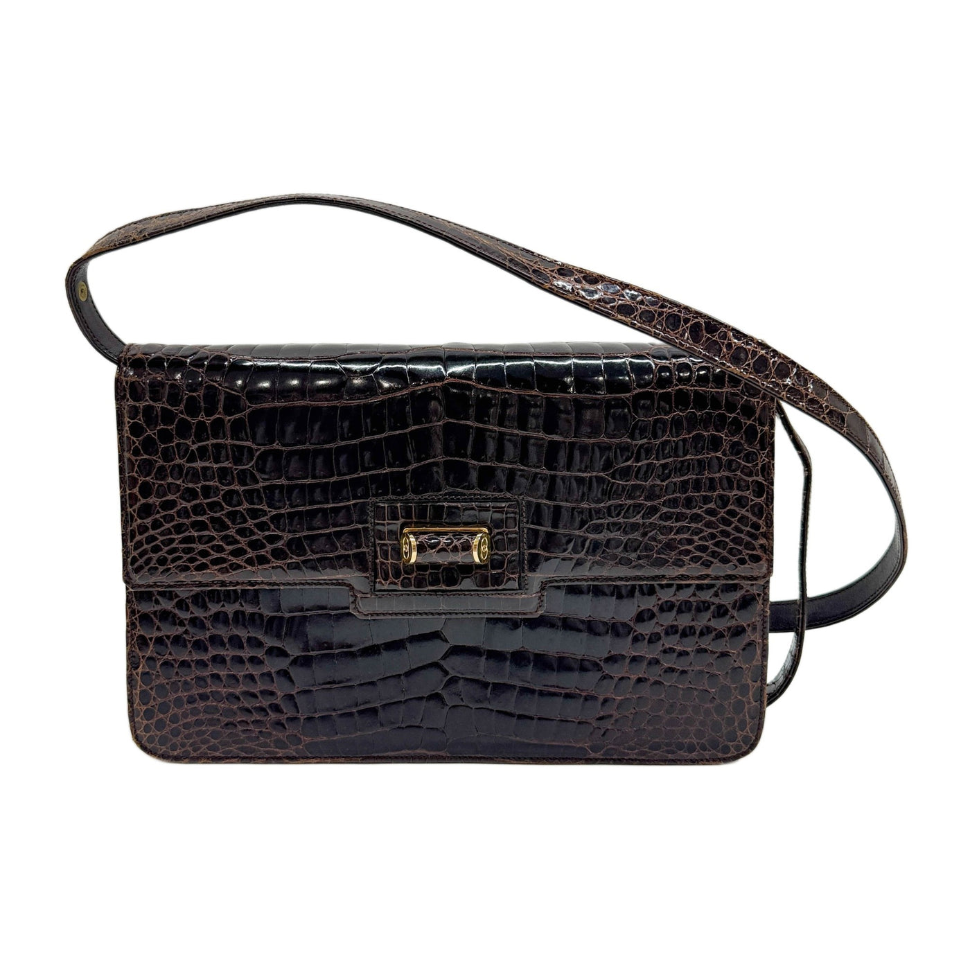 Dark Brown Crocodile Embossed Leather Shoulder Bag