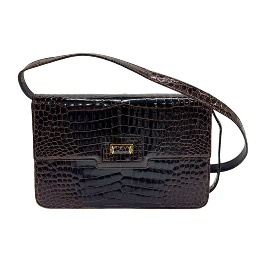 Dark Brown Crocodile Embossed Leather Shoulder Bag