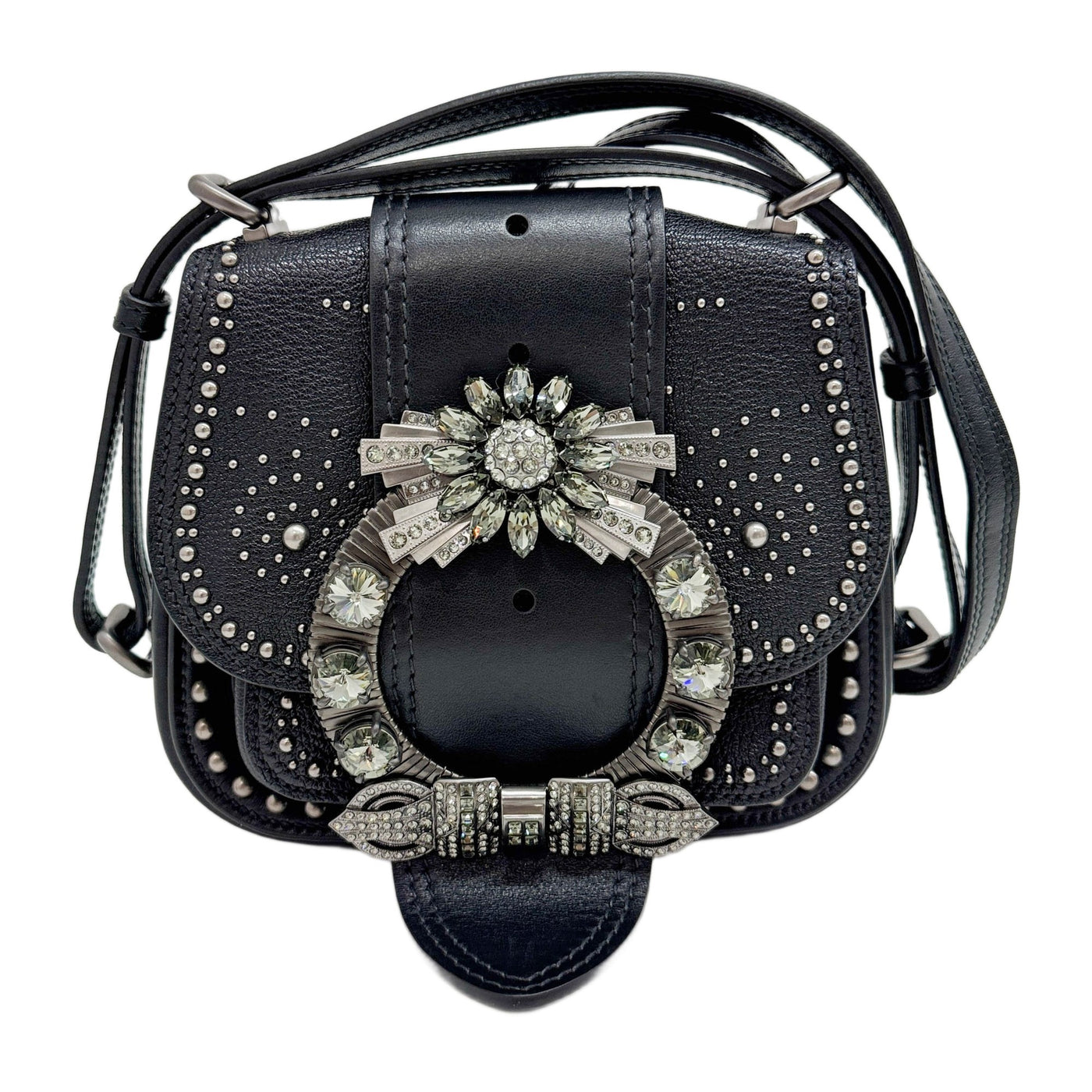 Strass Madras Crystal Embellished Dahlia Black Leather Shoulder Bag