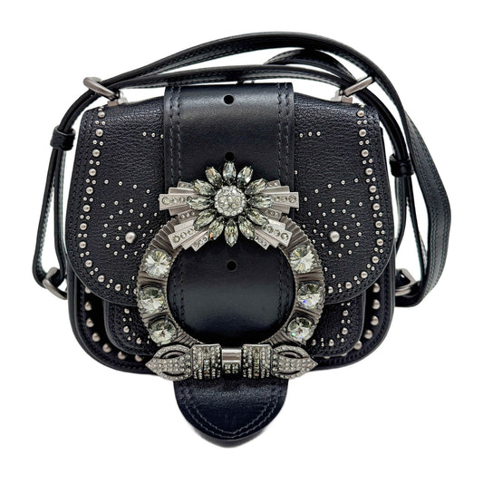 Miu Lady Strass Madras Crystal Embellished Dahlia Black Leather Shoulder Bag