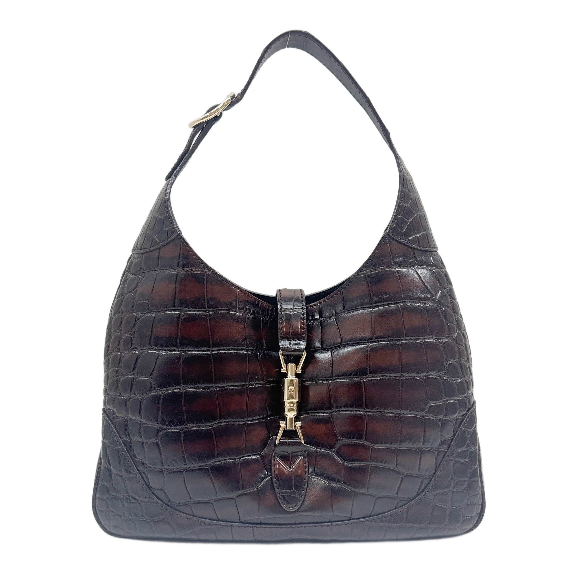 Jackie 1961 Brown Crocodile Embossed Leather Shoulder Bag
