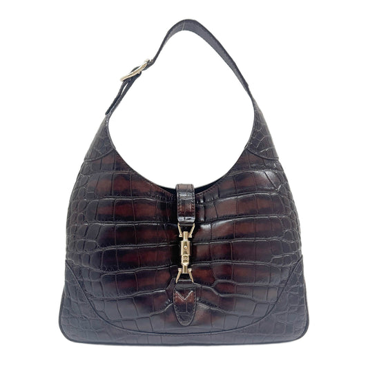 Jackie 1961 Brown Crocodile Embossed Leather Shoulder Bag