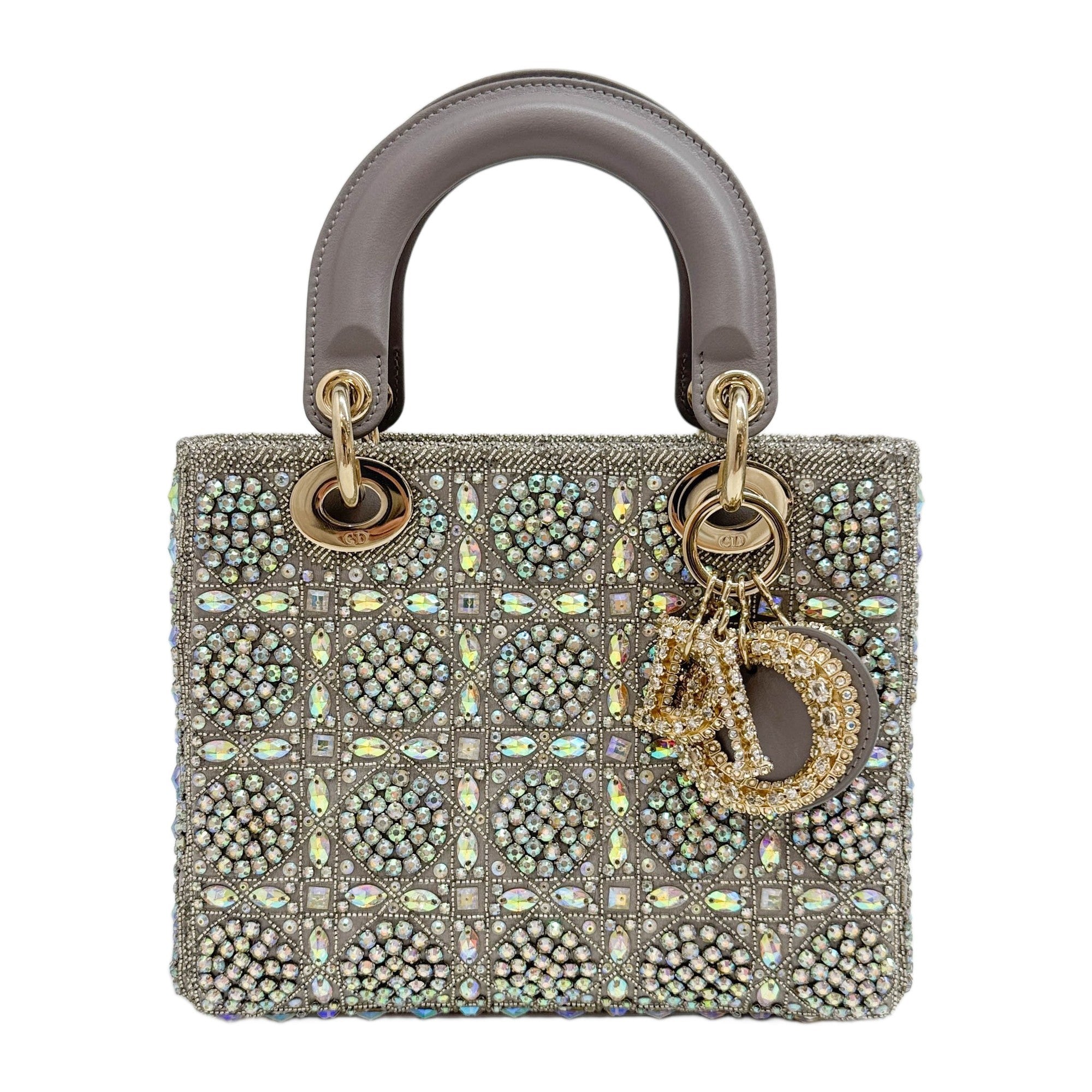 Small Lady Dior Crystal Embellished Cannage Gray Leather Two Way Bag