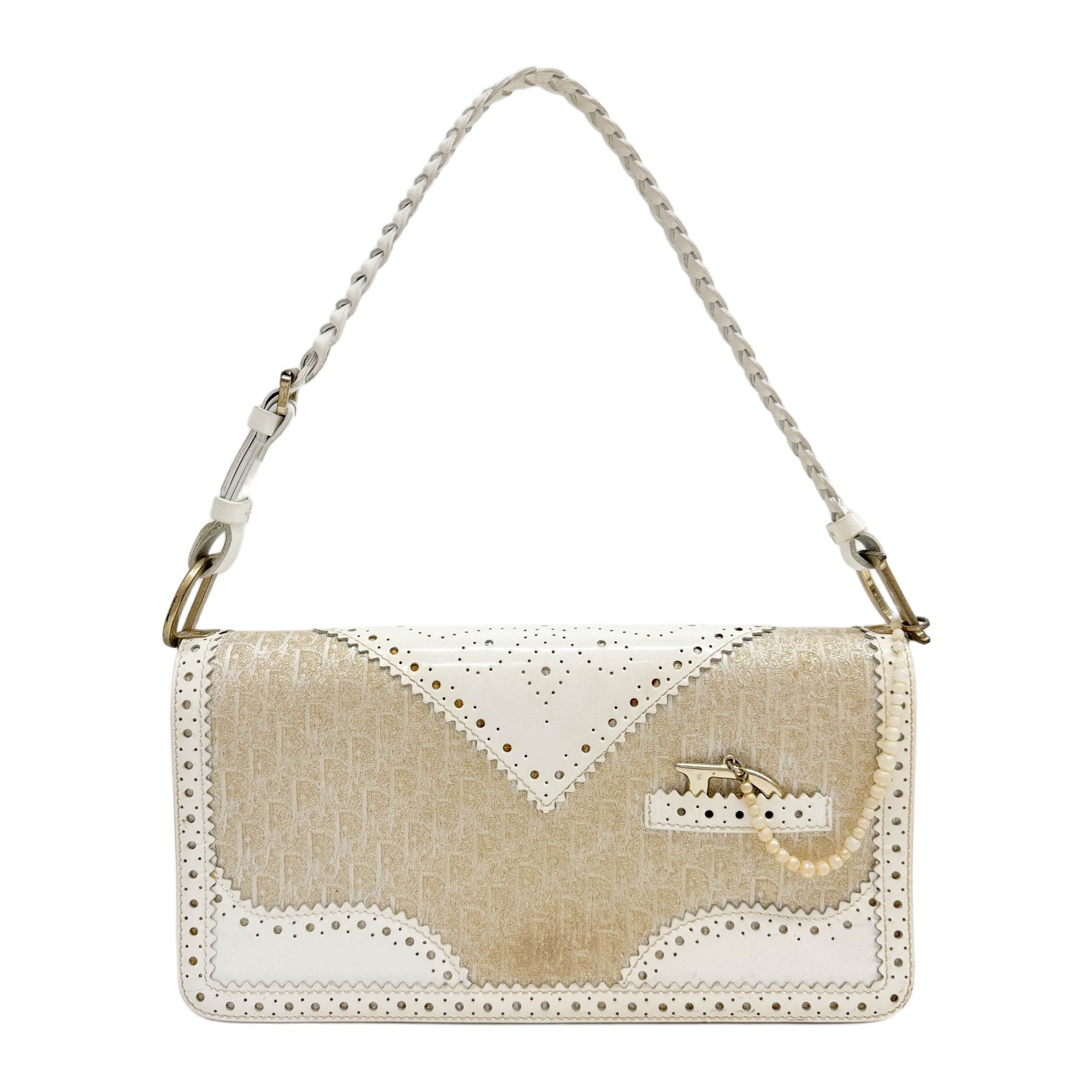 D' Trick Wingtip Baguette Leather Trim Sparkly Gold Trotter Canvas Shoulder Bag