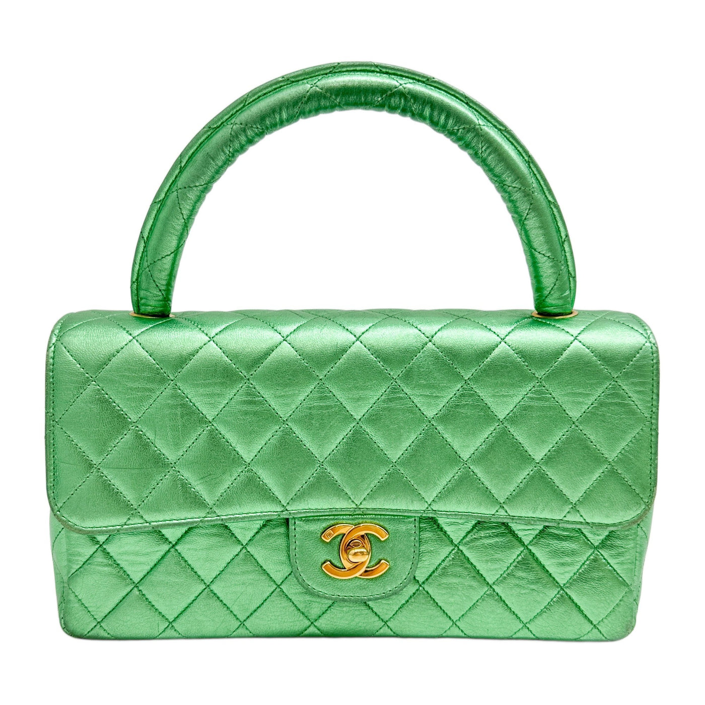 Kelly Flap Top Handle 1994-1996 Matelasse Metallic Green Leather Handle Bag