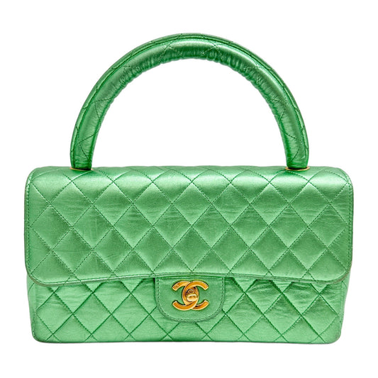 Kelly Flap Top Handle 1994-1996 Matelasse Metallic Green Leather Handle Bag