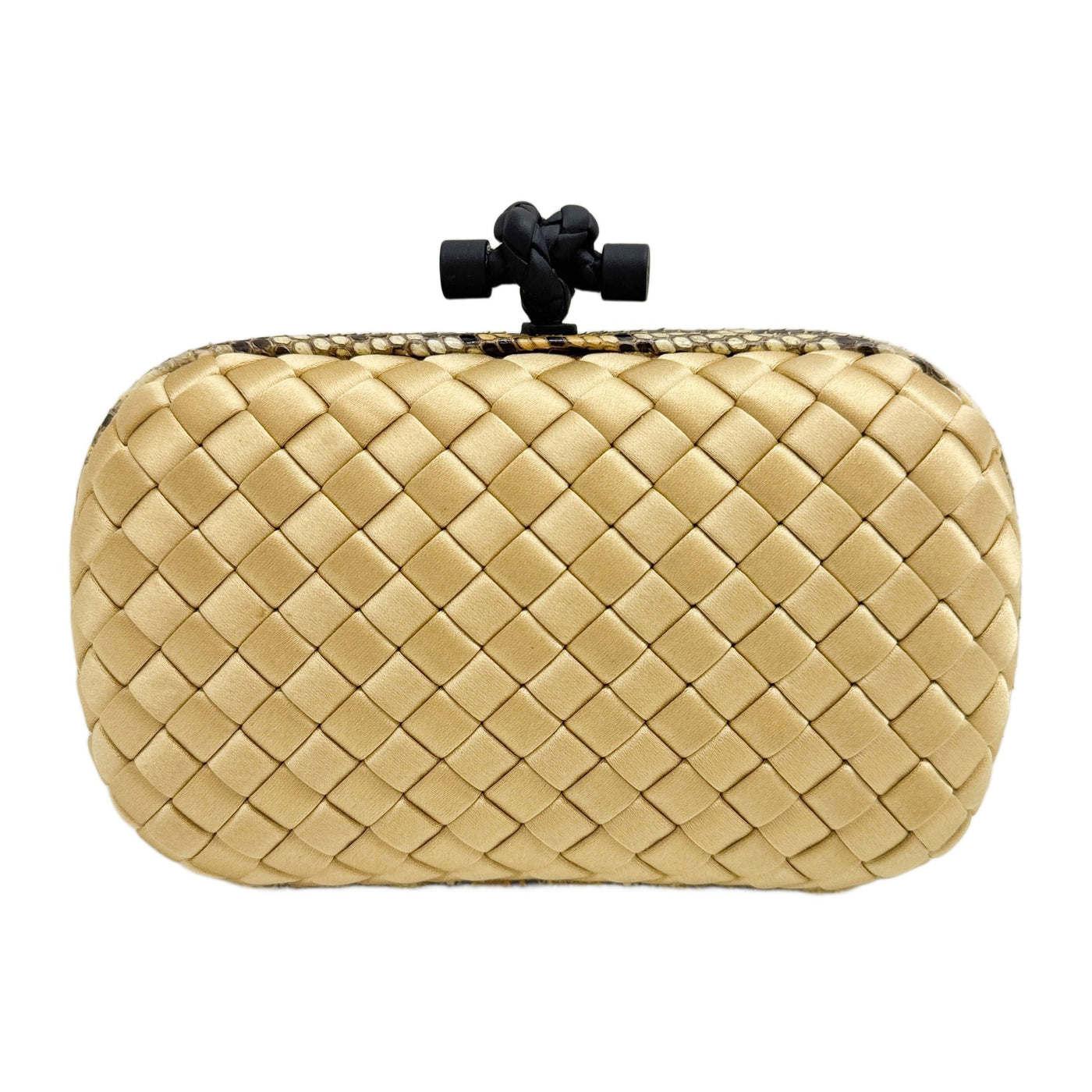 Knot Intrecciato Python Leather Trim Metallic Gold Satin Clutch Bag