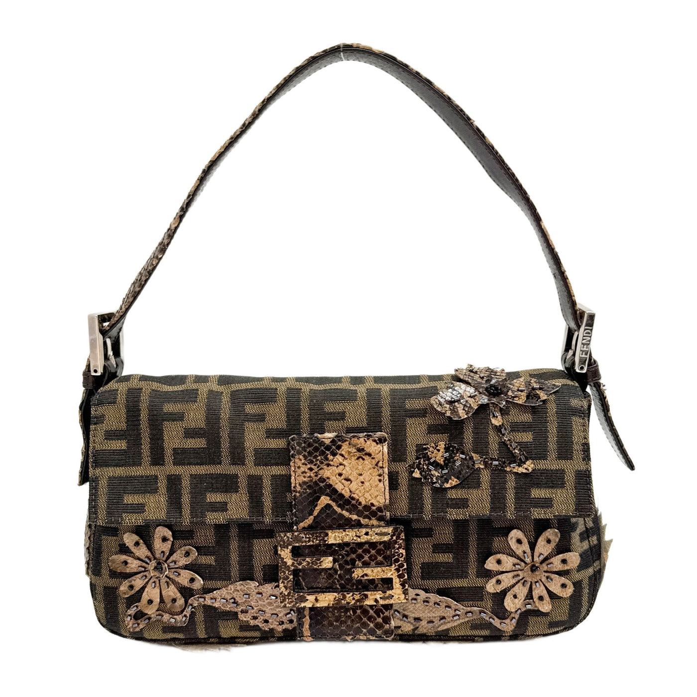 Baguette Zucca Brown Python Embossed Leather Shoulder Bag