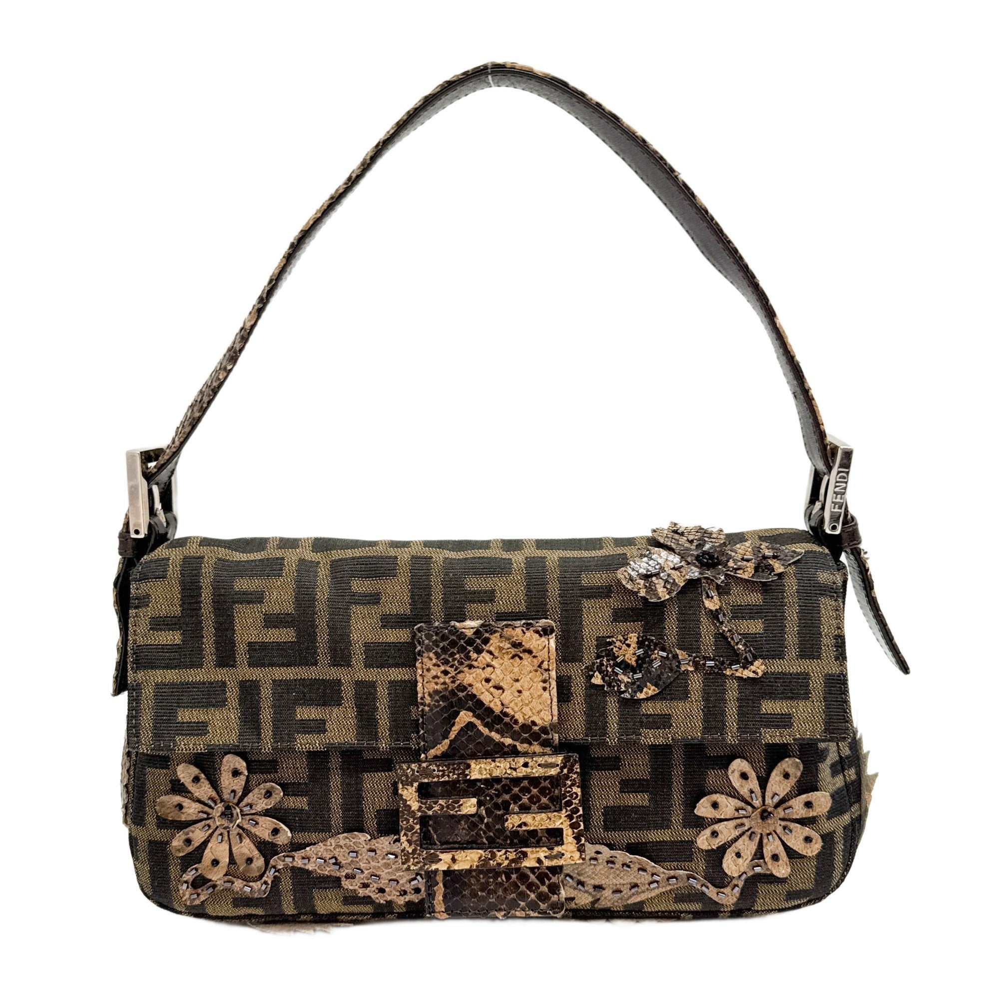 Baguette Zucca Brown Python Embossed Leather Shoulder Bag