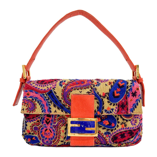 Baguette Embroidery Multicolor Cotton Shoulder Bag