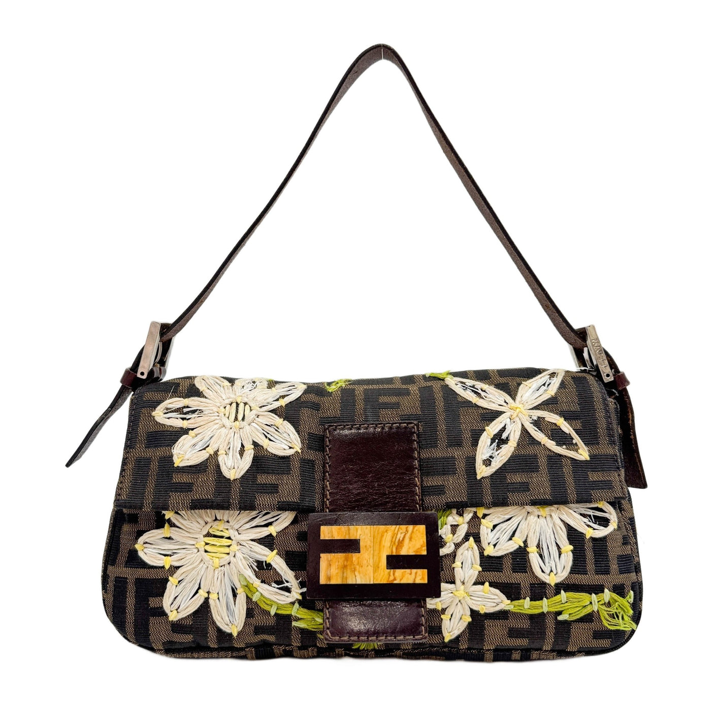 Baguette Embroidered Flowers Brown Zucca Canvas Shoulder Bag
