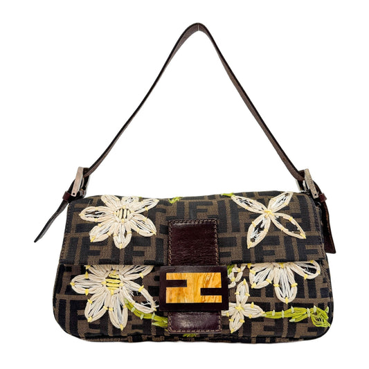 Baguette Embroidered Flowers Brown Zucca Canvas Shoulder Bag