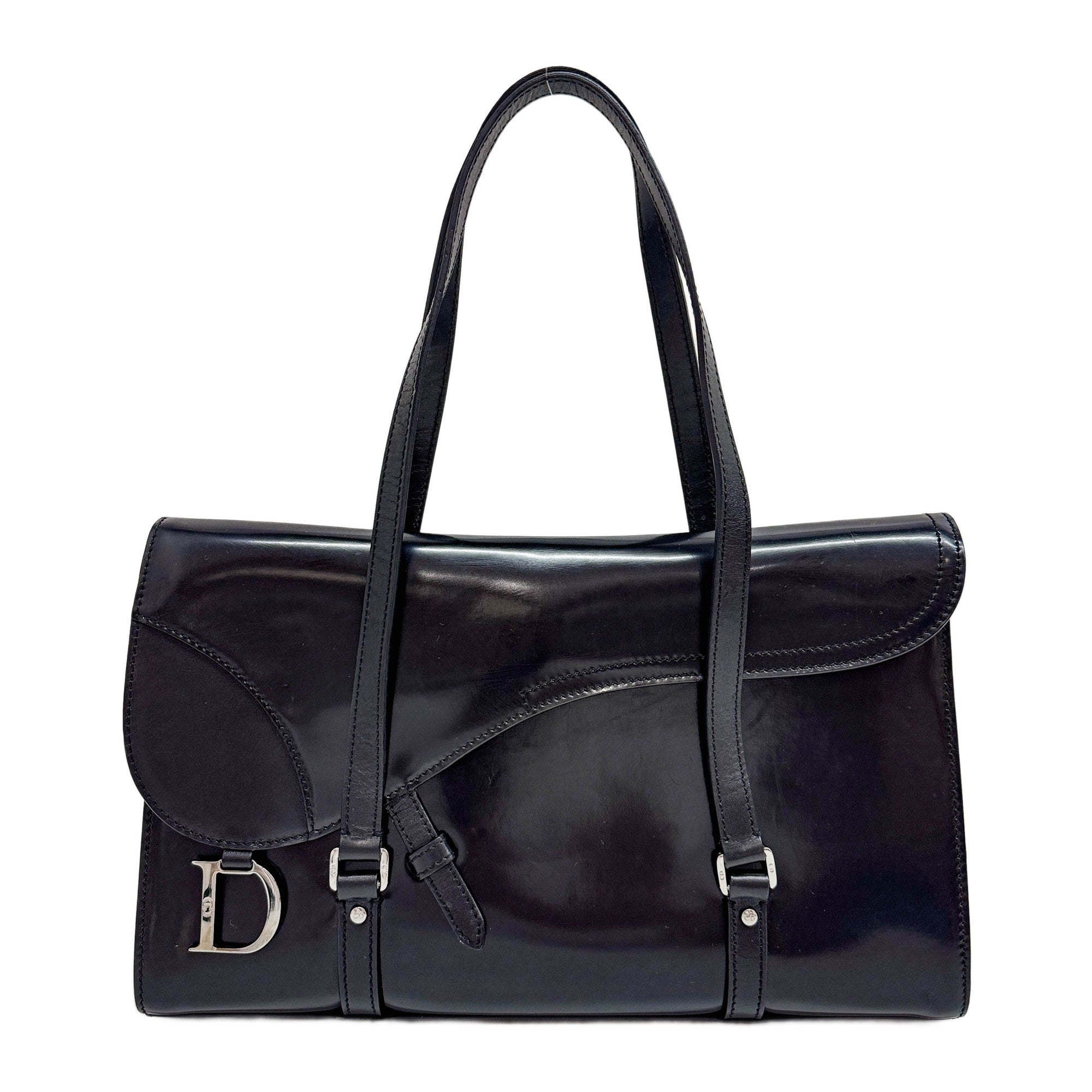 Saddle Black Patent Leather Tote Shoulder Bag