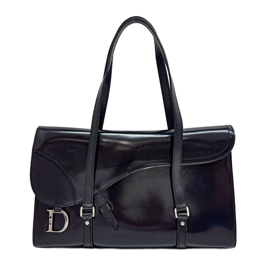 Saddle Black Patent Leather Tote Shoulder Bag