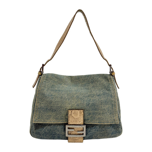 Mamma Baguette Denim Python Embossed Leather Shoulder Bag