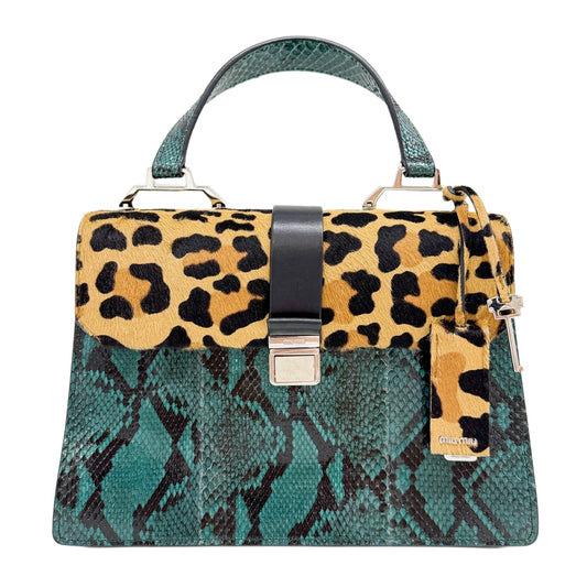 Madras Brown Leopard Print Pony Hair & Turquoise Python Embossed Leather Two Way Bag