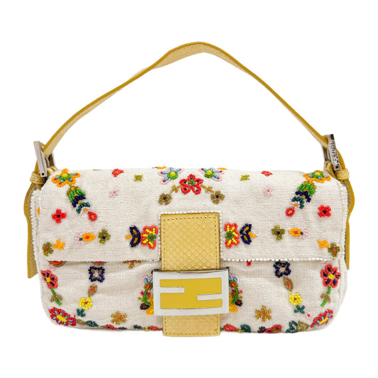 Baguette Flower Embroidery White Linen Shoulder Bag