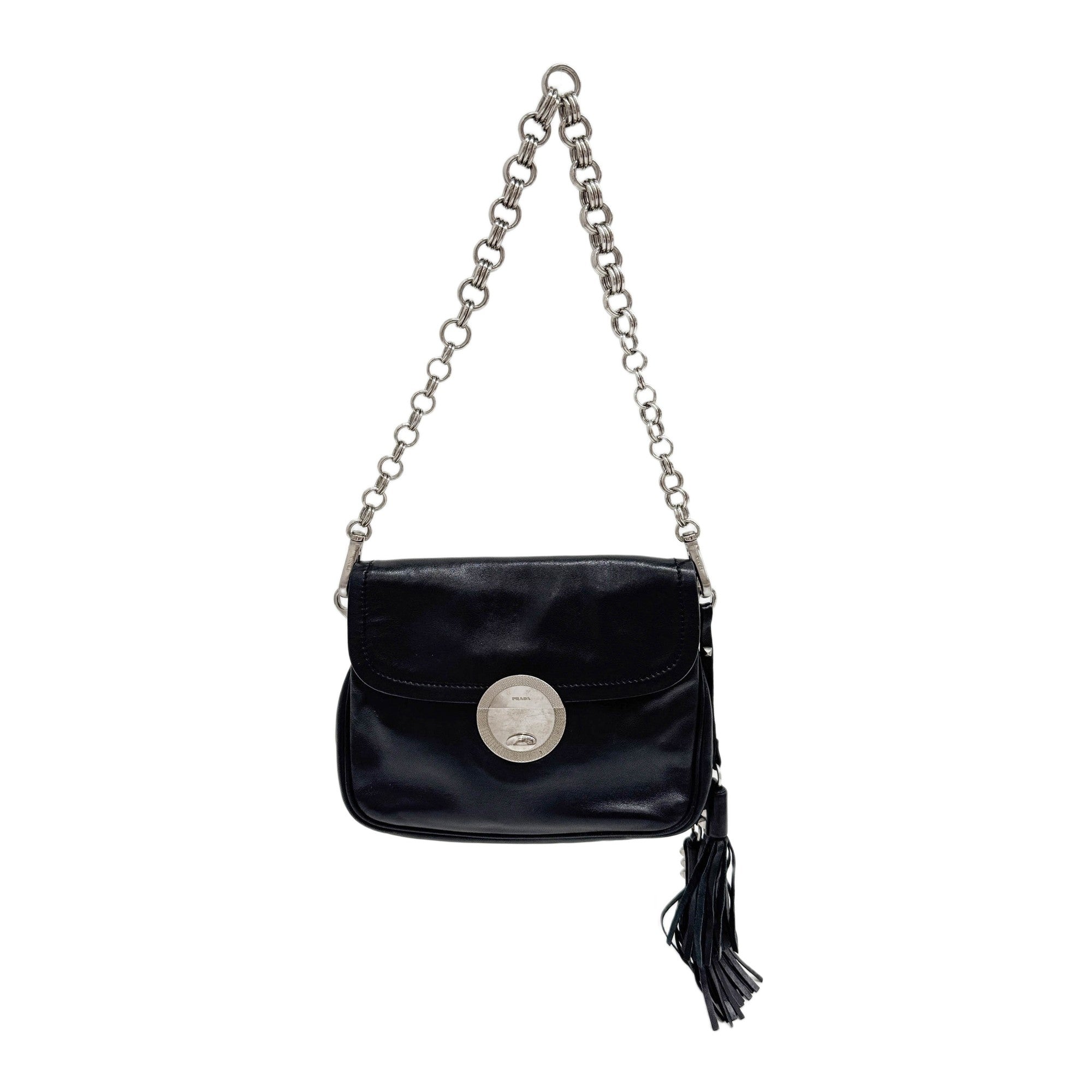 Circle Tassel Flap Black Nappa Leather Shoulder Bag