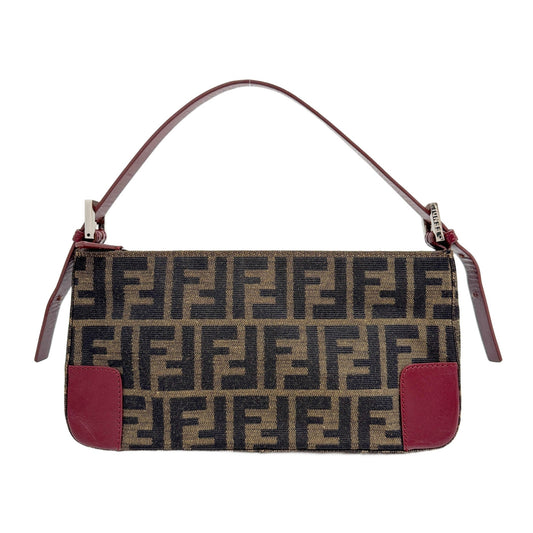Red Leather Trim Brown Zucca Canvas Shoulder Bag