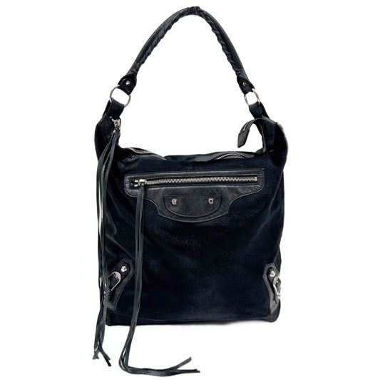 Motocross Classic Day Silver Hardware Black Pony Hair Shoulder Bag