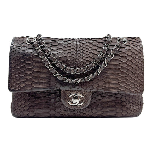 Classic Double Flap 2010-2011Dark Brown Python Embossed Leather Shoulder Bag