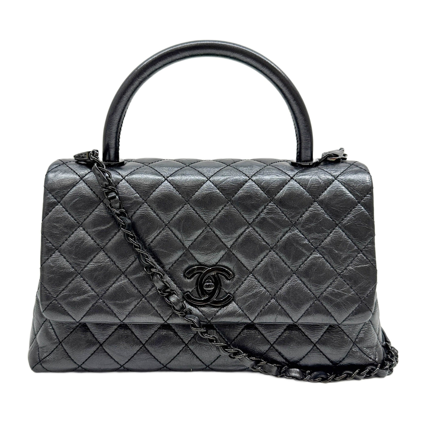 Coco Handle 2019 Matelasse Gunmetal Grey Leather Two Way Bag