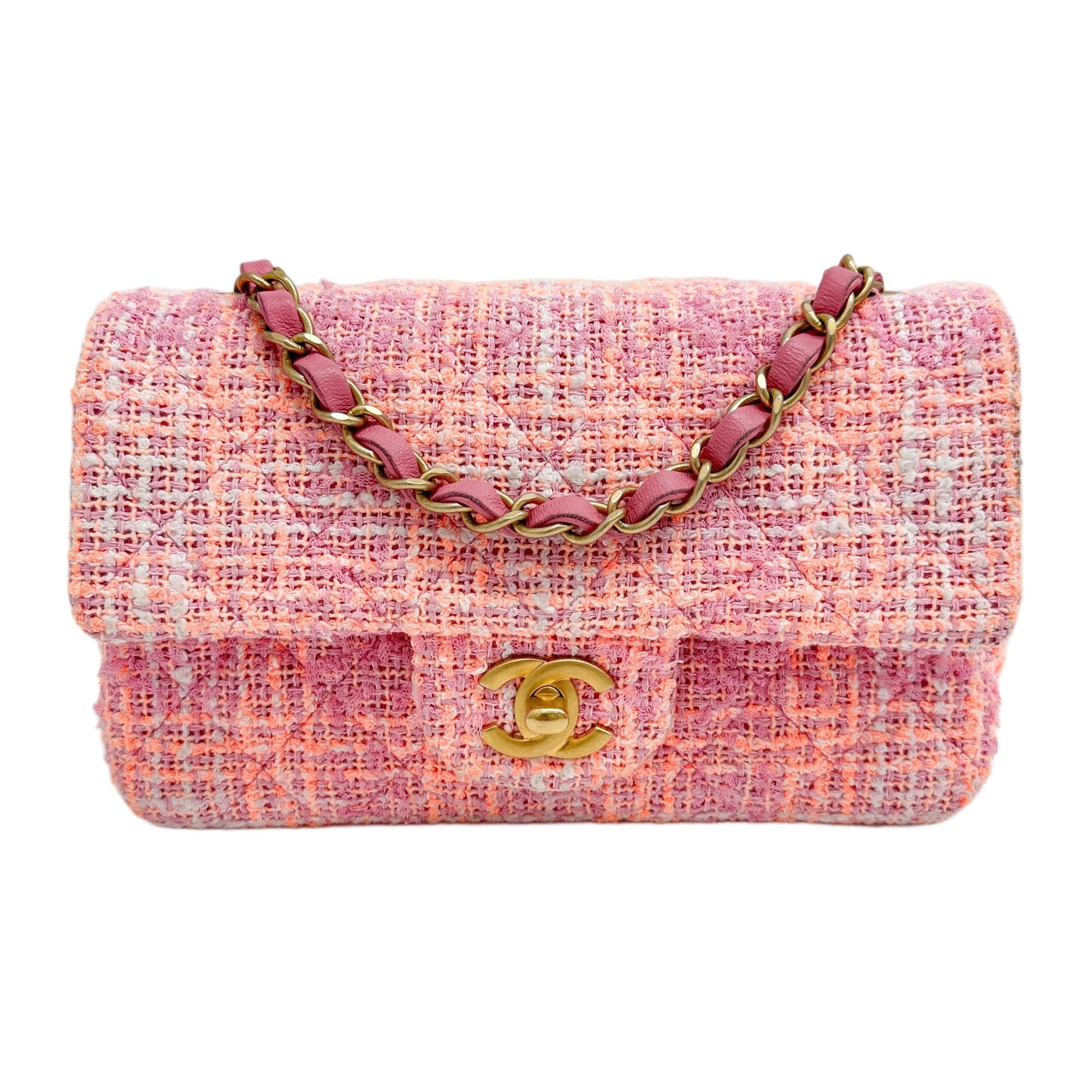 Rectangular Mini Classic Flap 2021-2026 Pink and Orange Tweed Shoulder Bag